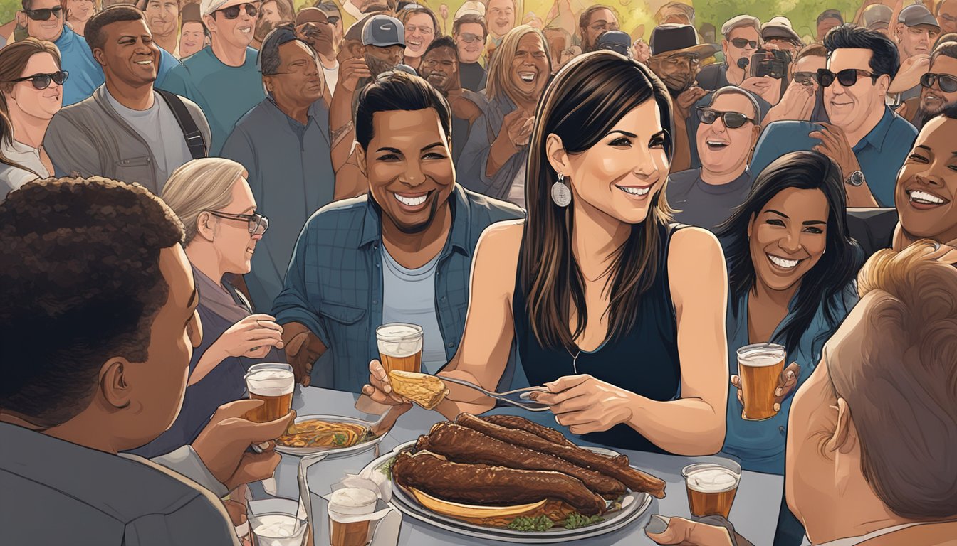 Sandra Bullock enjoys ribs at Black's BBQ, surrounded by fans and paparazzi