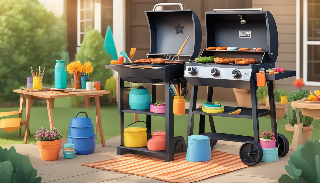 A colorful DIY craft station set up next to a BBQ grill with five kid-friendly activities in a sunny backyard in Lockhart