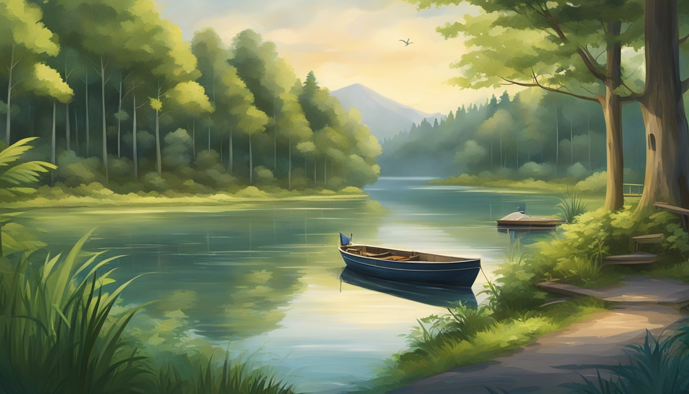 A serene river flowing through a lush landscape, with a fishing boat and a dock, surrounded by trees and wildlife