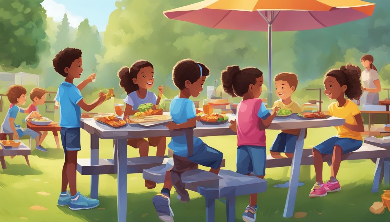 A colorful backyard BBQ with kids playing scavenger hunt games amidst picnic tables and a grill