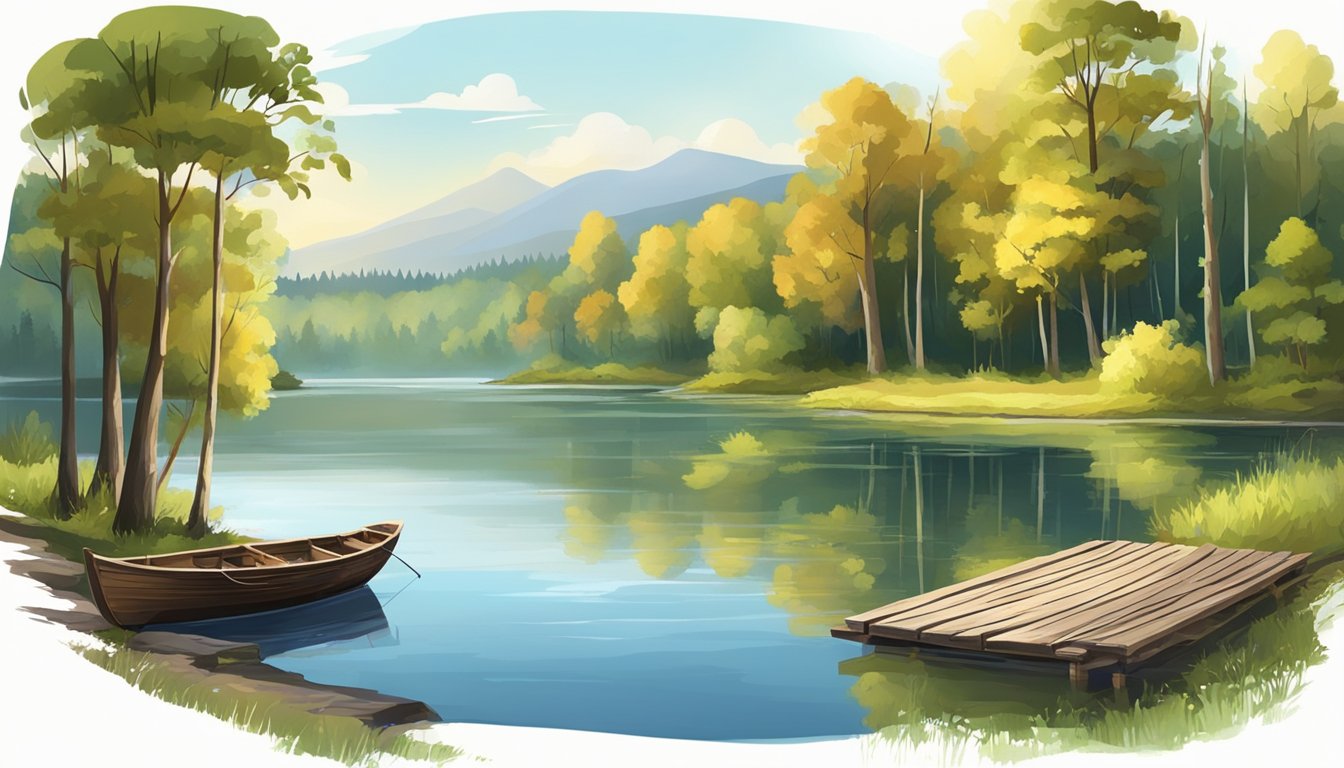 A serene river flows past a vibrant forest, with a fishing boat and a rustic table set for a feast on the riverbank