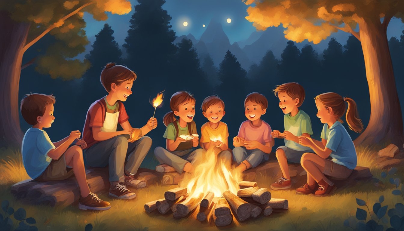 A group of children gather around a crackling campfire, roasting marshmallows and assembling gooey s'mores. The warm glow of the fire illuminates their excited faces