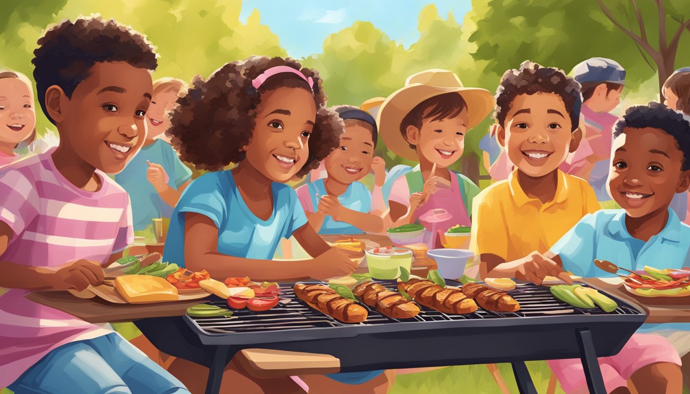 Children at a BBQ, having their faces painted with colorful designs, surrounded by picnic tables and a grill in a sunny backyard