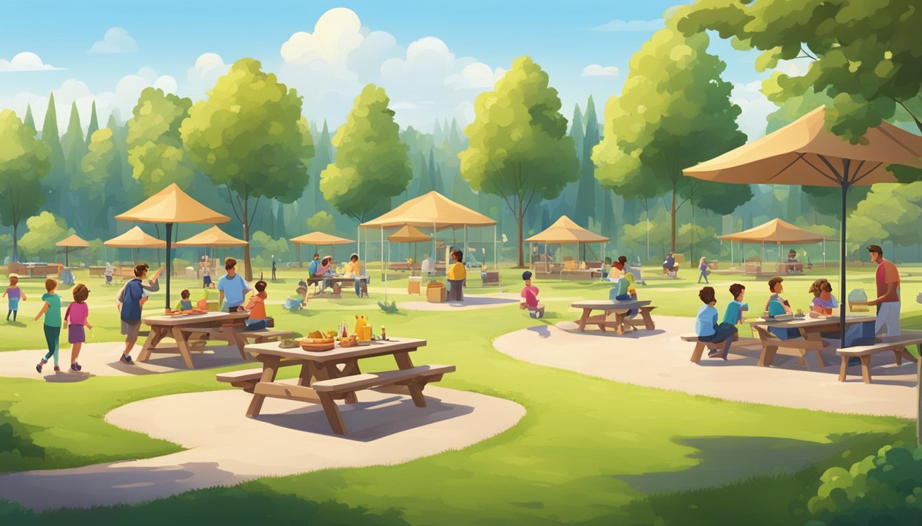 A sunny park with picnic tables, a playground, and a large open field surrounded by trees. Families are grilling, kids playing games, and enjoying the BBQ activities