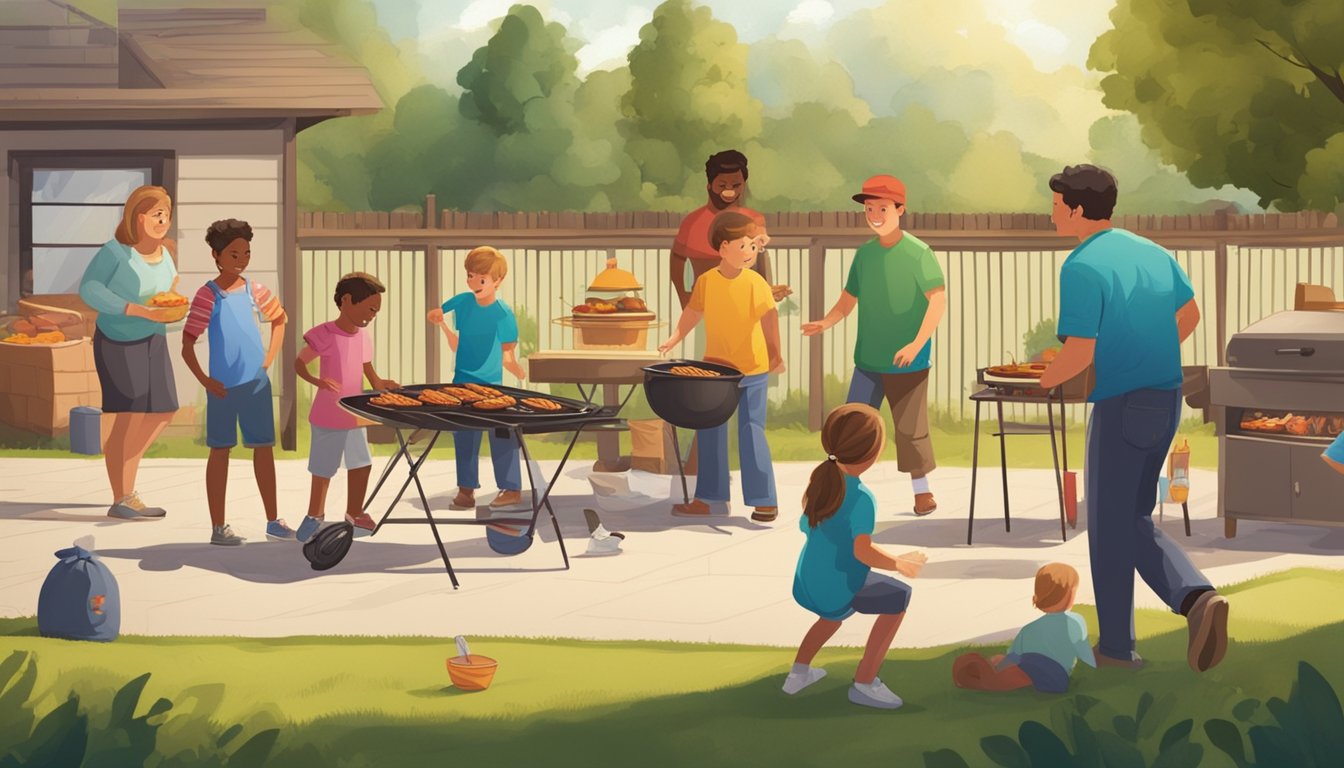 Children playing outdoor games at a BBQ, while adults supervise. Grilling area is fenced off for safety. Kids are engaged in activities like frisbee, cornhole, and sack races