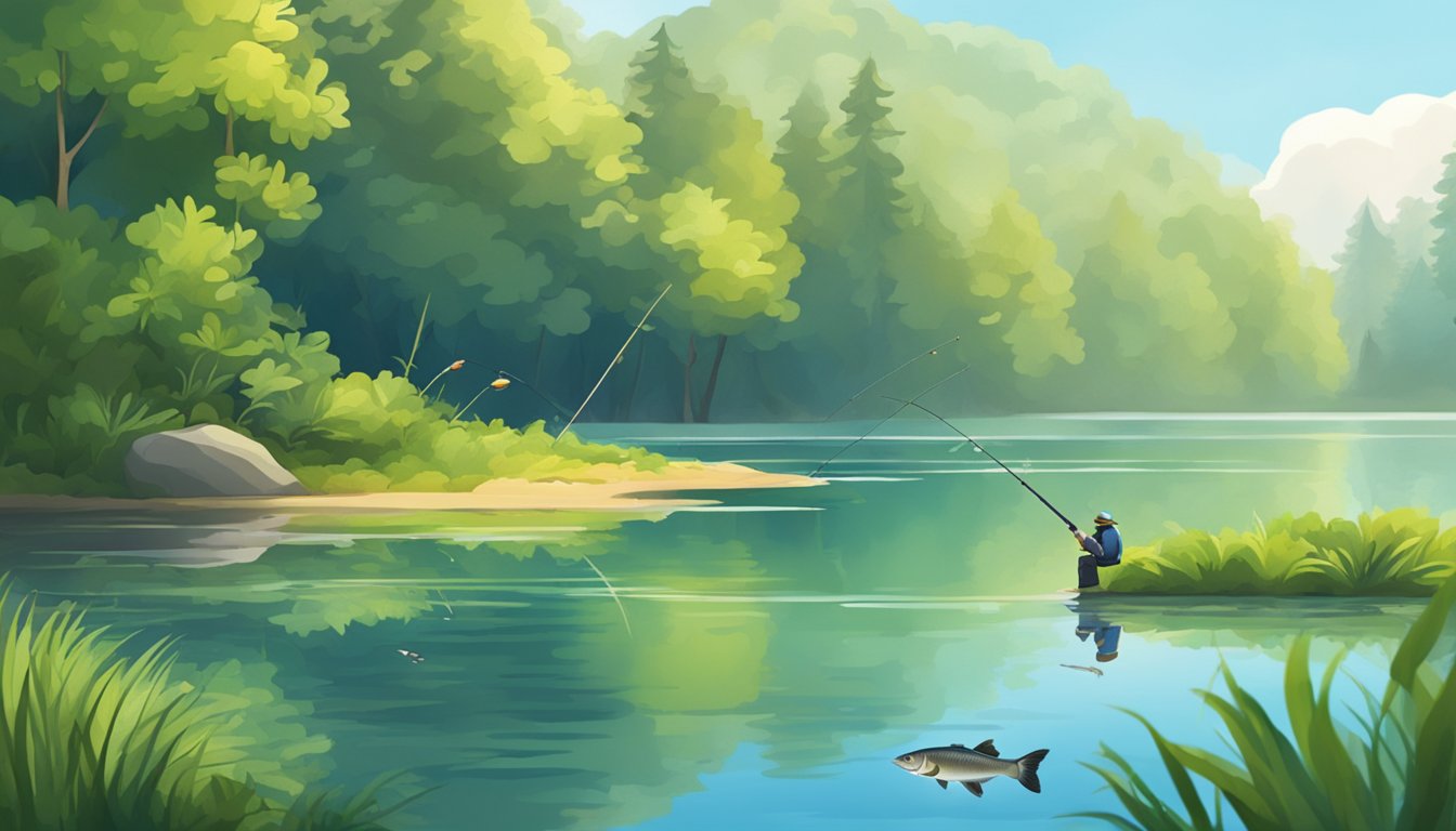 A serene lake surrounded by lush greenery, with a fishing rod lying on the shore and a fish jumping out of the water