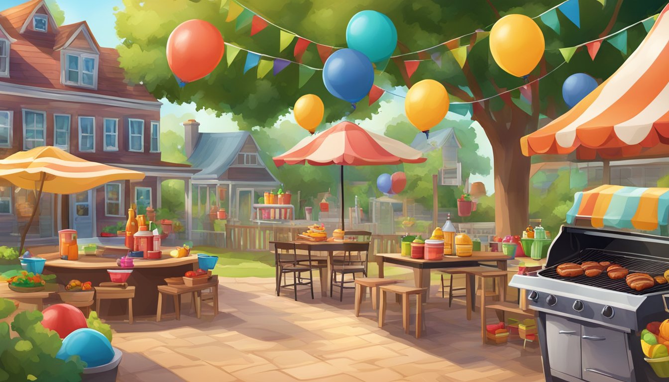 A backyard BBQ with colorful decorations, themed props, and games for kids, set in the picturesque town of Lockhart