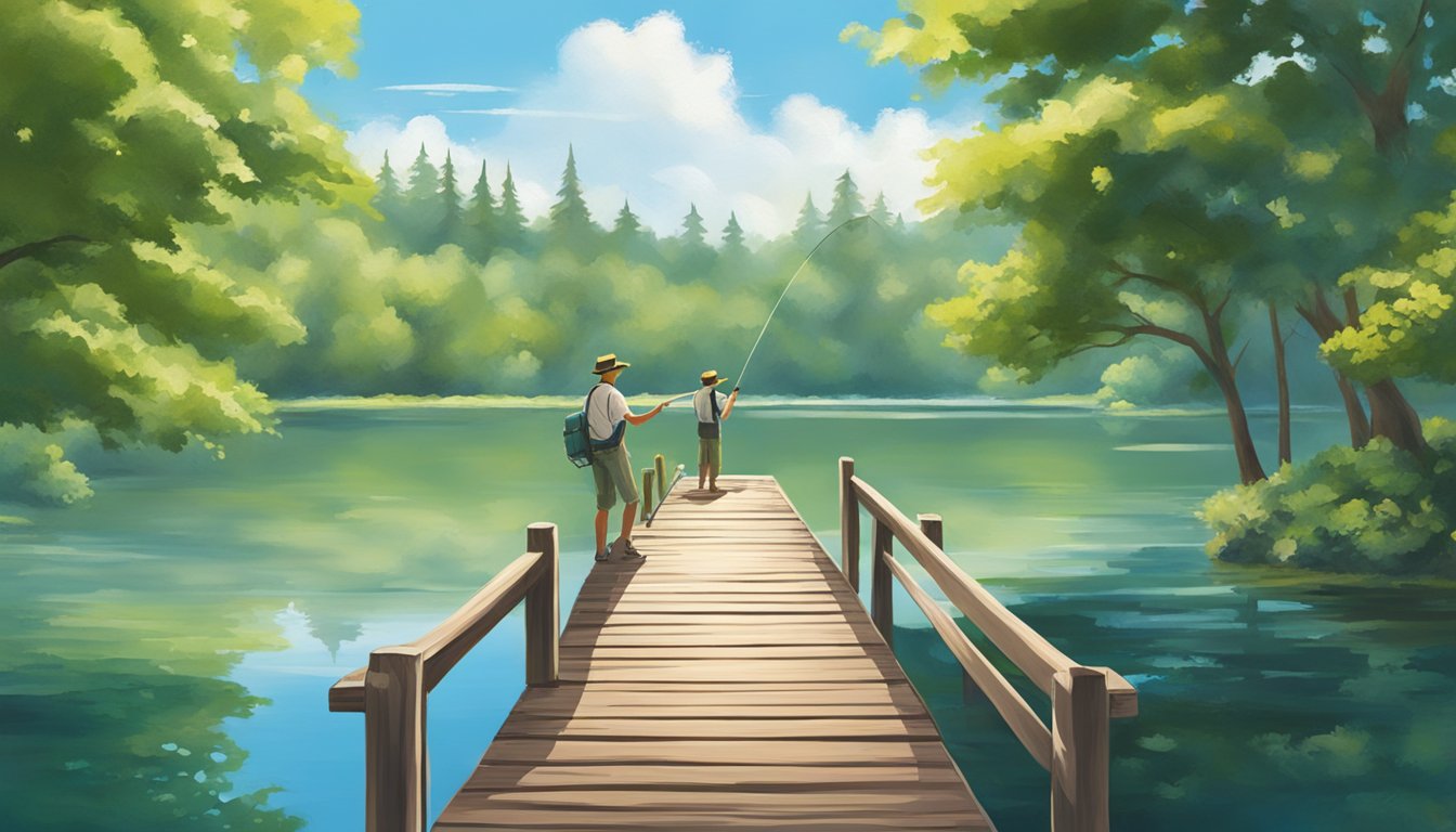 A serene lake with a person fishing from a wooden dock, surrounded by lush green trees and clear blue skies