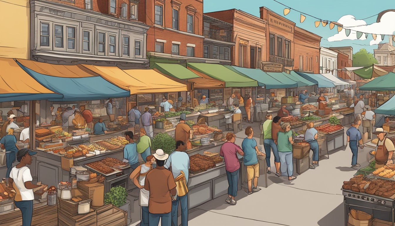 A bustling outdoor market with vendors selling BBQ, surrounded by iconic Lockhart BBQ restaurants featured on food TV shows