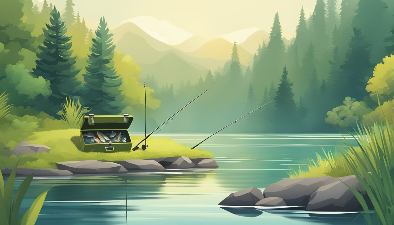 A serene lake surrounded by lush greenery, with a fishing rod and tackle box lying on the shore. A variety of fish can be seen swimming in the clear water