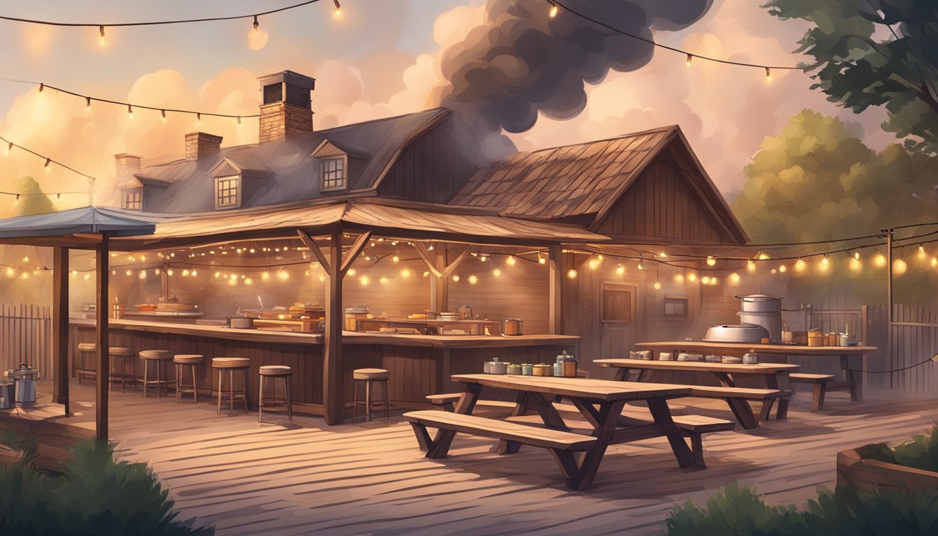 A rustic outdoor BBQ restaurant with wooden picnic tables, string lights, and a large smoker billowing fragrant smoke