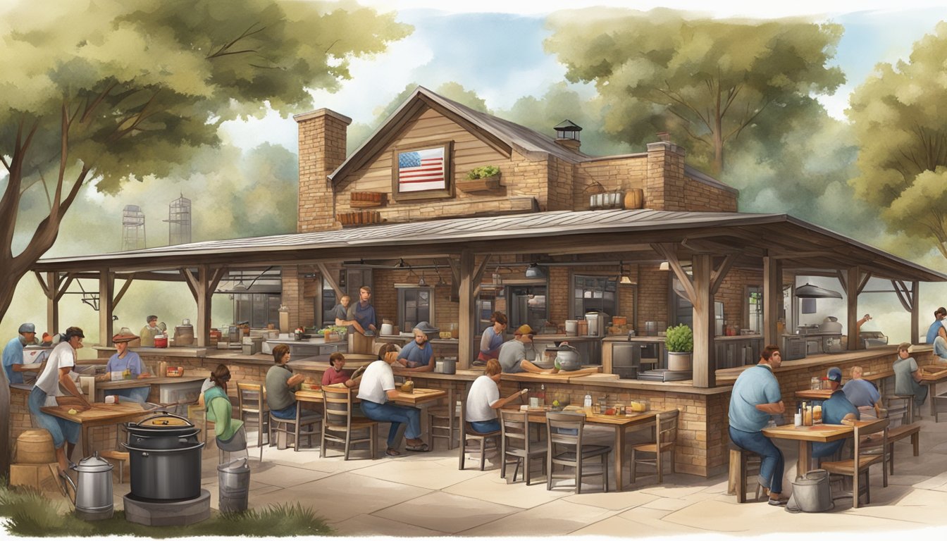 A bustling outdoor BBQ restaurant with a rustic, Texas-style atmosphere, complete with picnic tables, a smokehouse, and a large grill