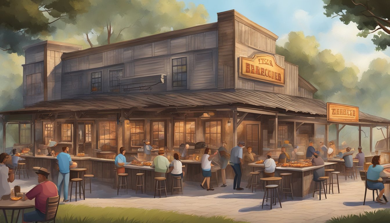 A bustling outdoor barbecue restaurant with a rustic, Texas-style facade and a large, smoking barbecue pit