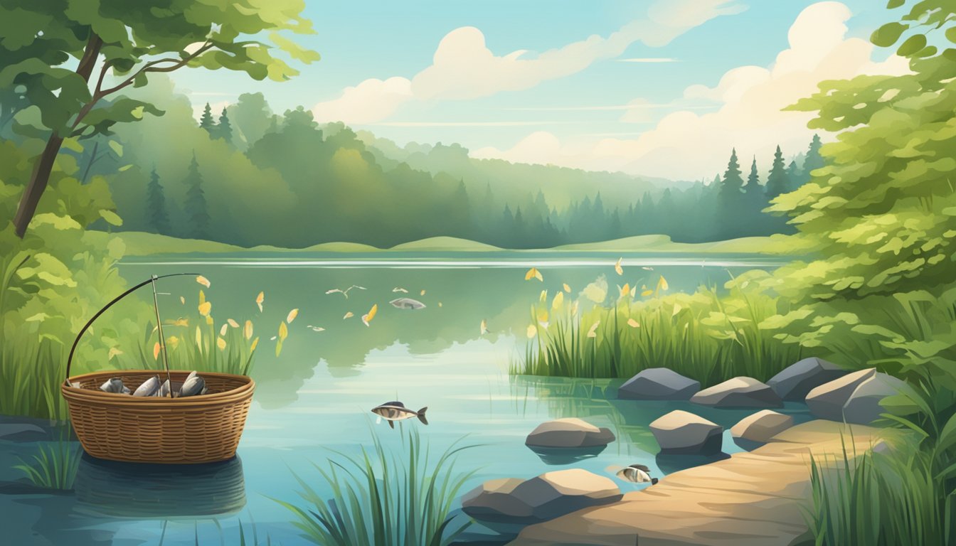 A serene lake surrounded by lush greenery, with a fishing rod and basket of freshly caught fish on the shore