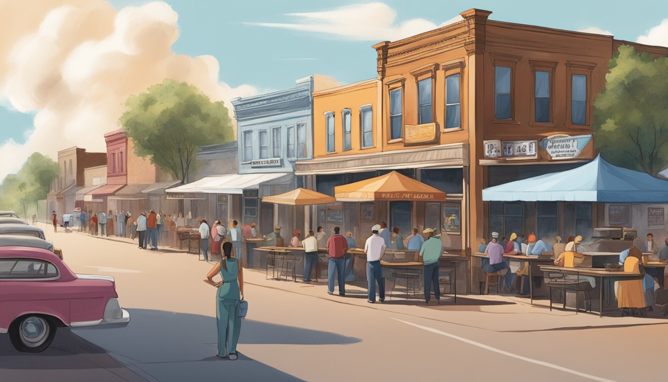 A bustling street in Lockhart, Texas, with six BBQ restaurants featured on Food TV shows. Smoke billows from the grills as customers line up for a taste of the renowned local cuisine