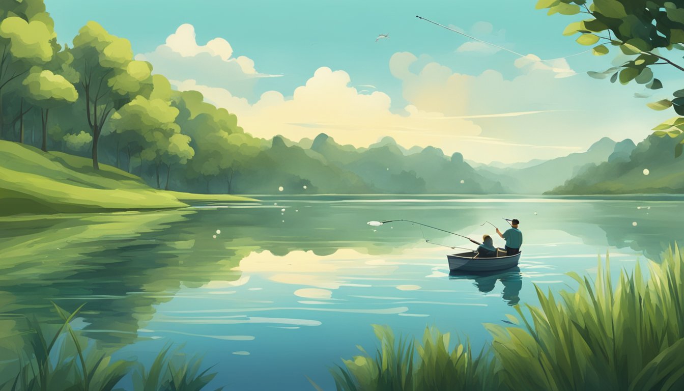 A serene lake surrounded by lush greenery, with a fishing rod casting into the water and a fish jumping out in the distance