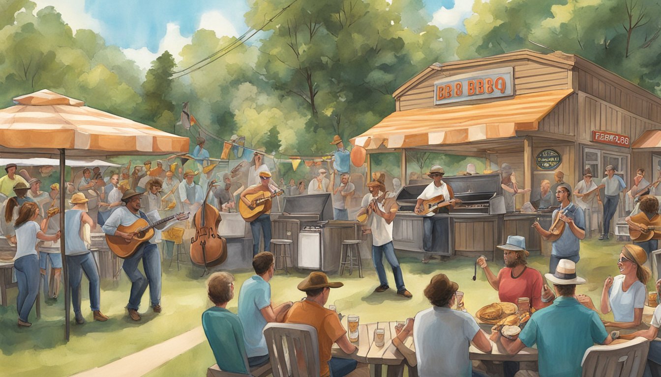 A lively outdoor scene with a band playing on a stage, surrounded by people enjoying barbecue and drinks at Terry Black's BBQ