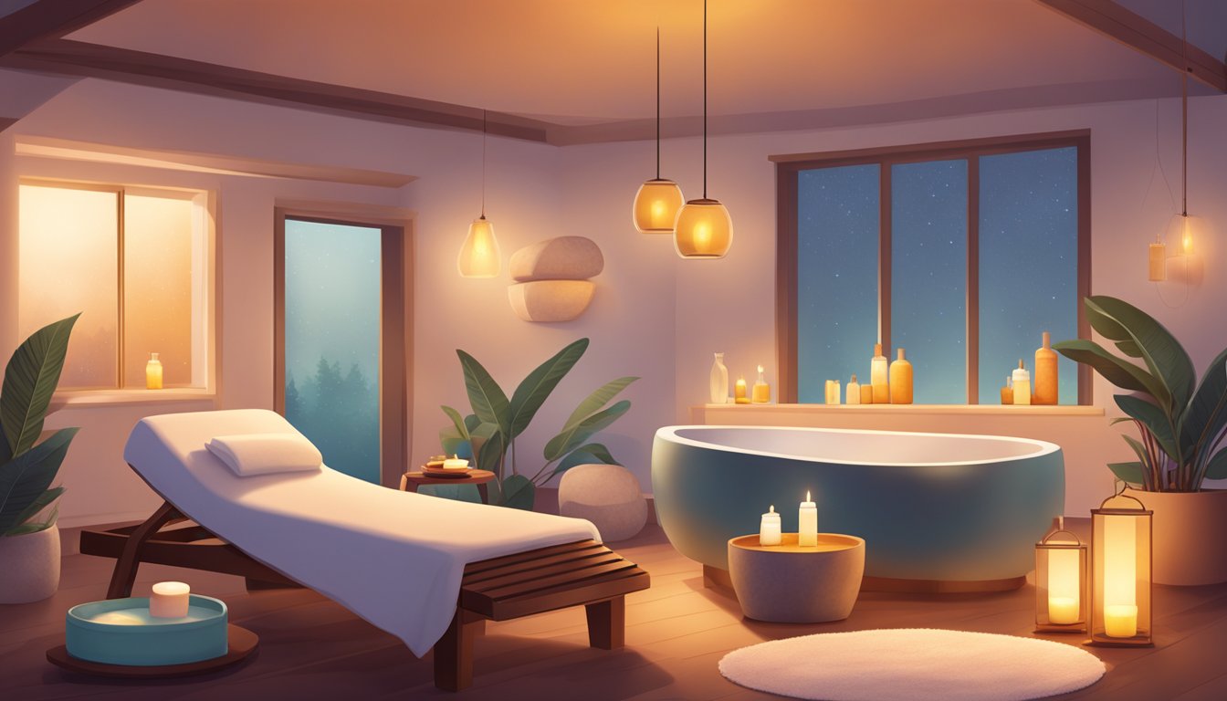 A serene spa room with warm lighting, a cozy facial chair, and a table set with honey and BBQ-infused skincare products