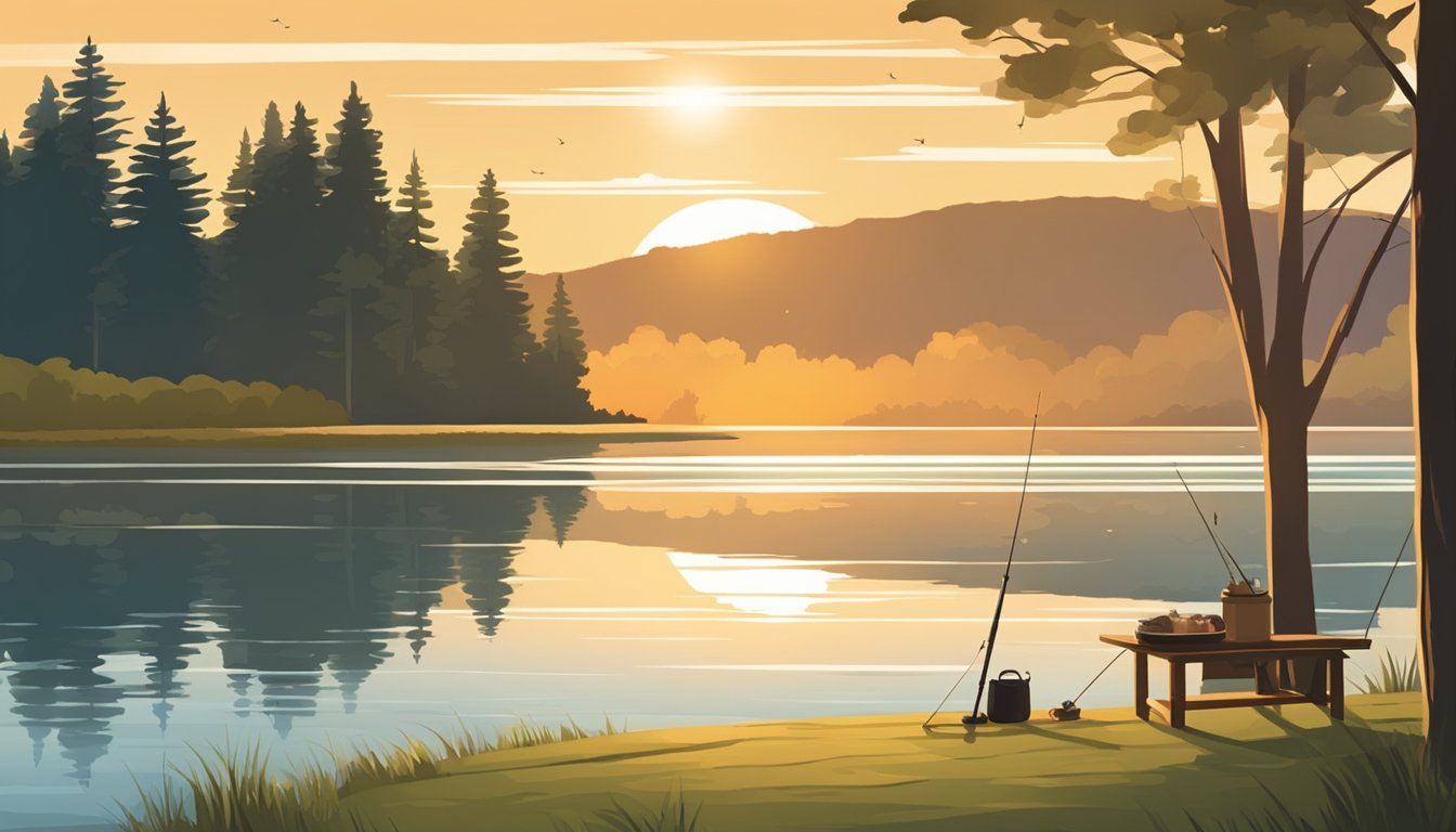 A serene lake at sunset, with a lone fishing rod casting into the water. A gourmet picnic spread on a checkered blanket nearby