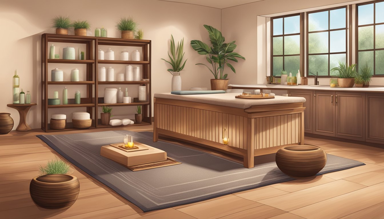 A serene spa room with mesquite scented oils, BBQ-inspired decor, and massage table set for a relaxing aromatherapy treatment