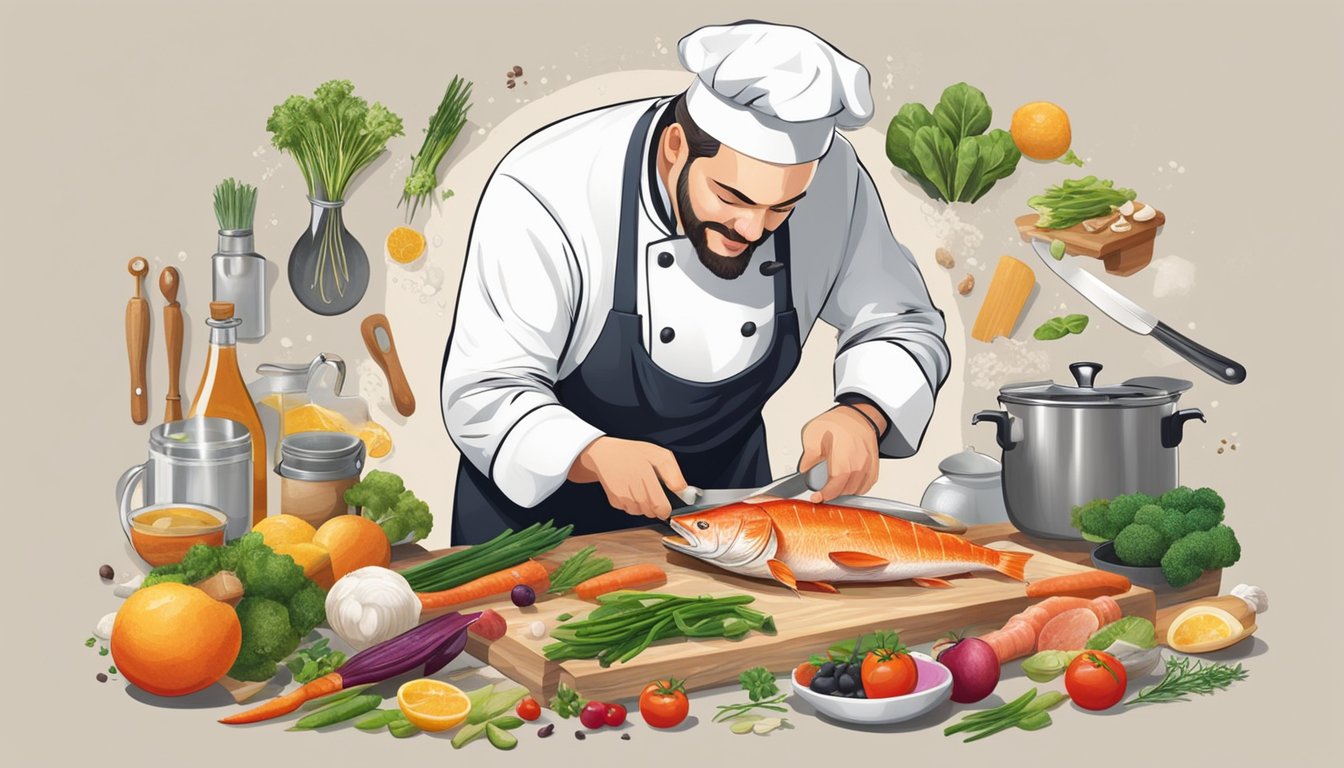 A chef expertly fillets a fresh catch, surrounded by a variety of gourmet ingredients and cooking tools, creating an atmosphere of culinary sophistication