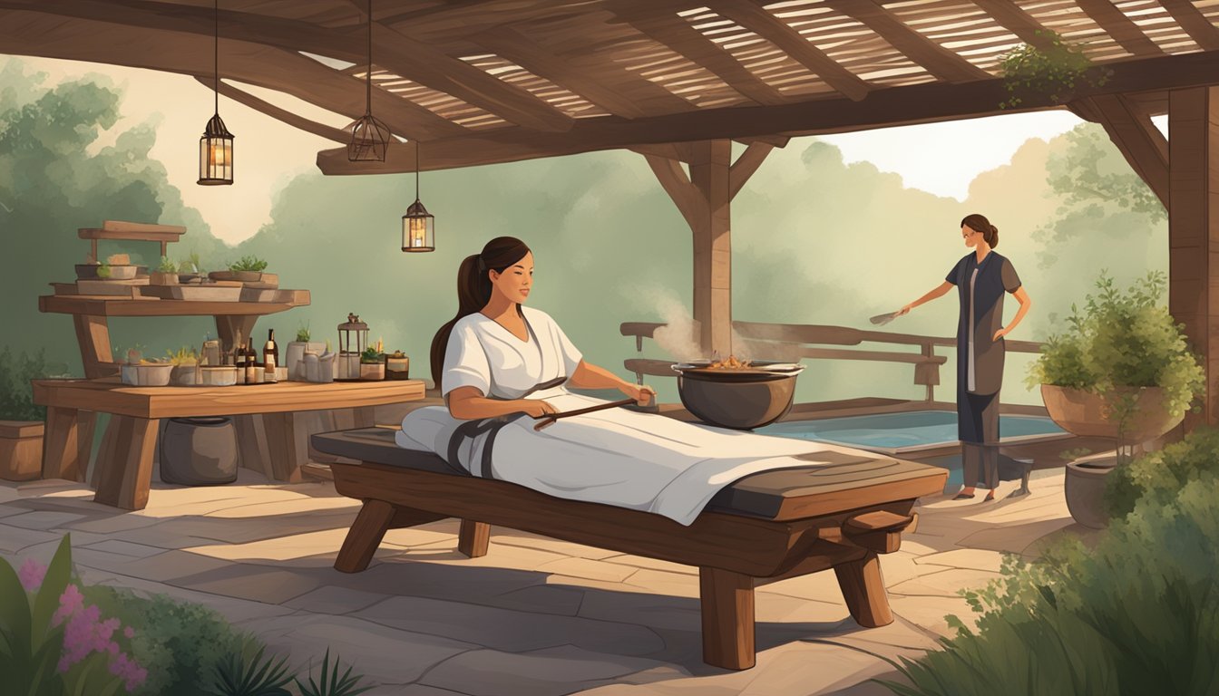 A serene spa setting with a rustic barbecue pit, surrounded by fragrant herbs and smoky wood, while a masseuse applies a BBQ-inspired treatment to a reclined client