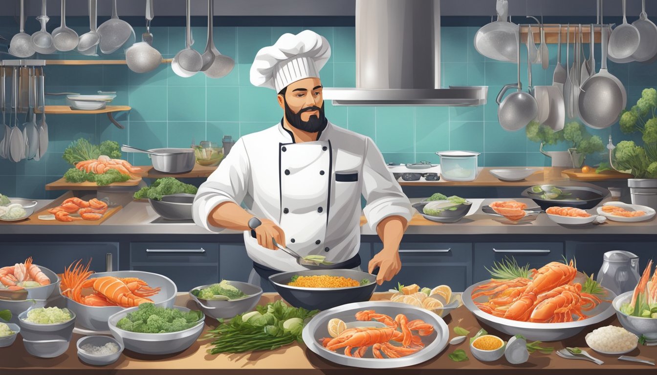 A chef meticulously preparing a variety of fresh seafood dishes in a professional kitchen, surrounded by high-quality ingredients and cooking utensils