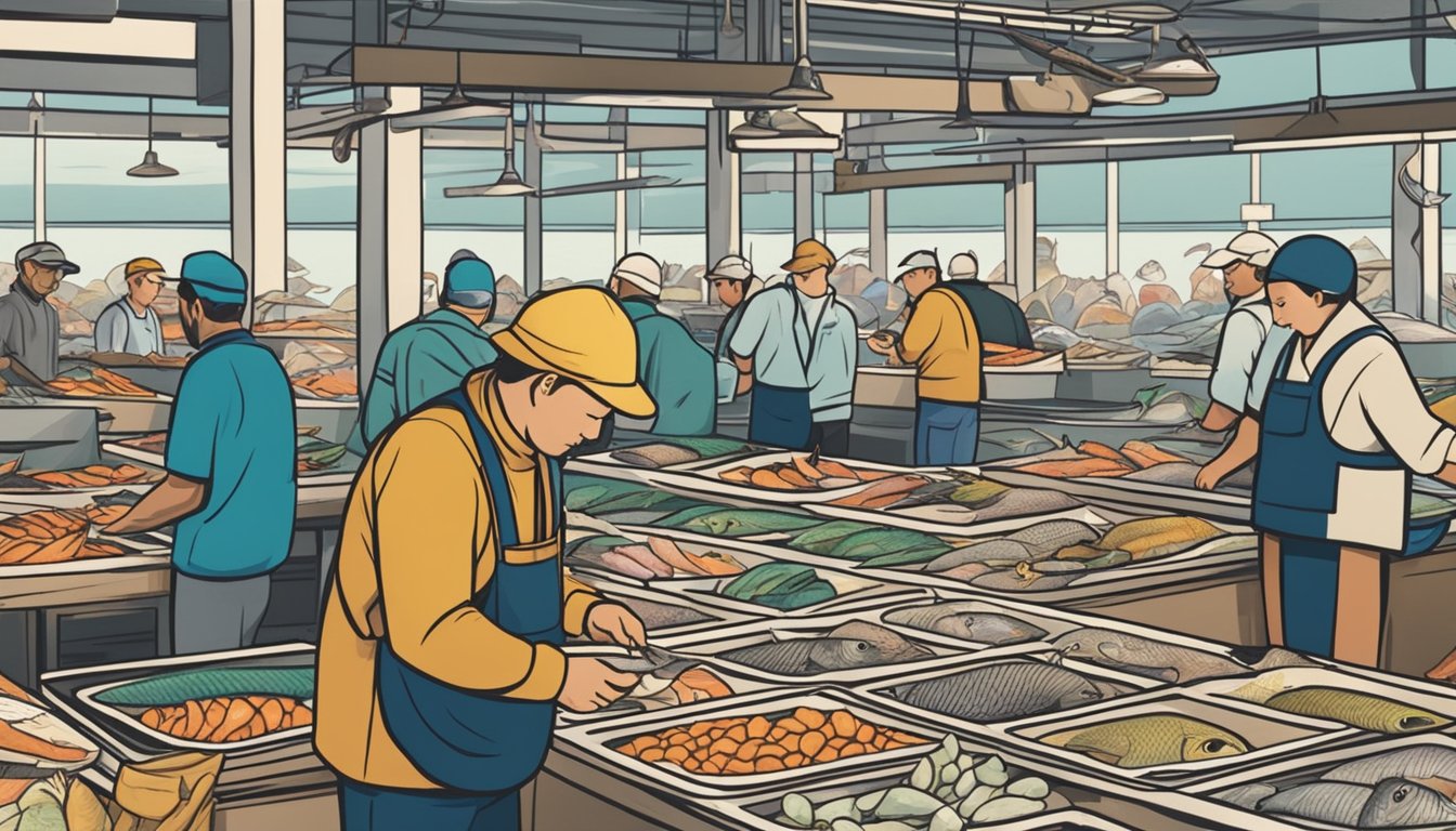 A fisherman carefully inspecting and selecting fresh fish from a variety of species at a bustling fish market