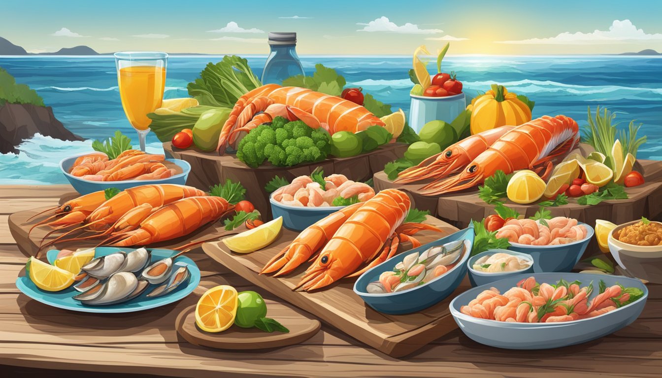 A colorful array of freshly caught seafood and vibrant produce arranged on a rustic wooden table by the shore, with the ocean waves crashing in the background