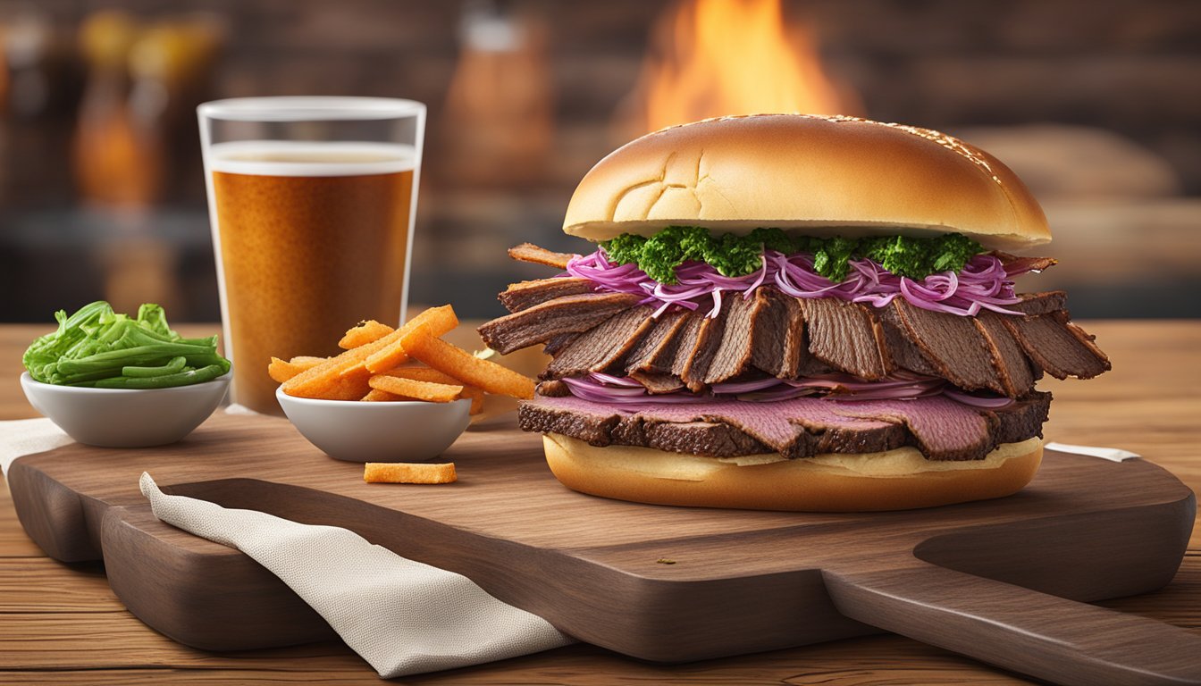 A mouthwatering brisket sandwich from Kreuz Market, surrounded by classic BBQ sides on a rustic wooden table