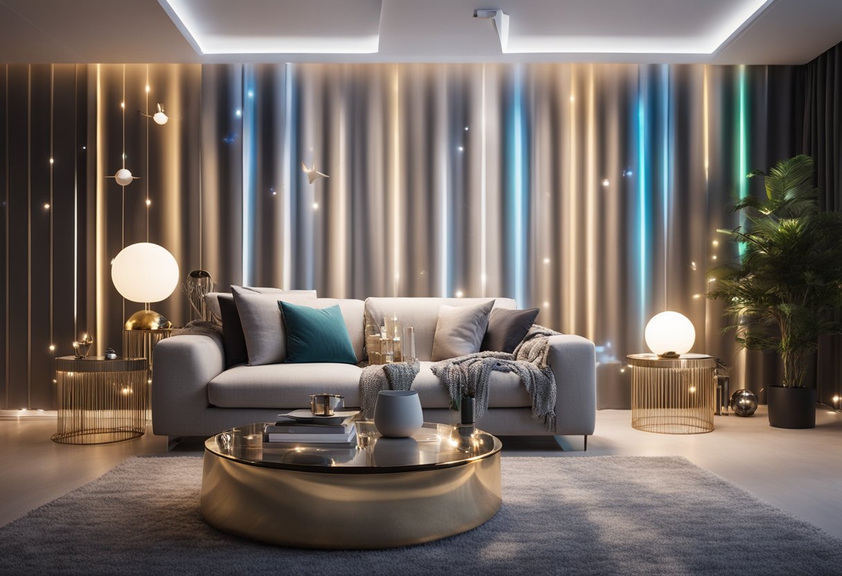 A cozy living room adorned with 2025-themed decor: holographic streamers, futuristic LED lights, metallic accents, and sleek, minimalist furniture