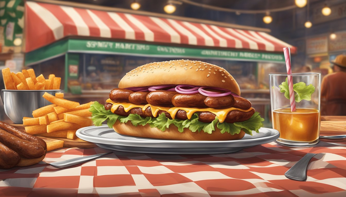 A sizzling sausage sandwich sits on a checkered paper in the bustling atmosphere of Smitty's Market, surrounded by the aroma of barbecue and the chatter of satisfied customers