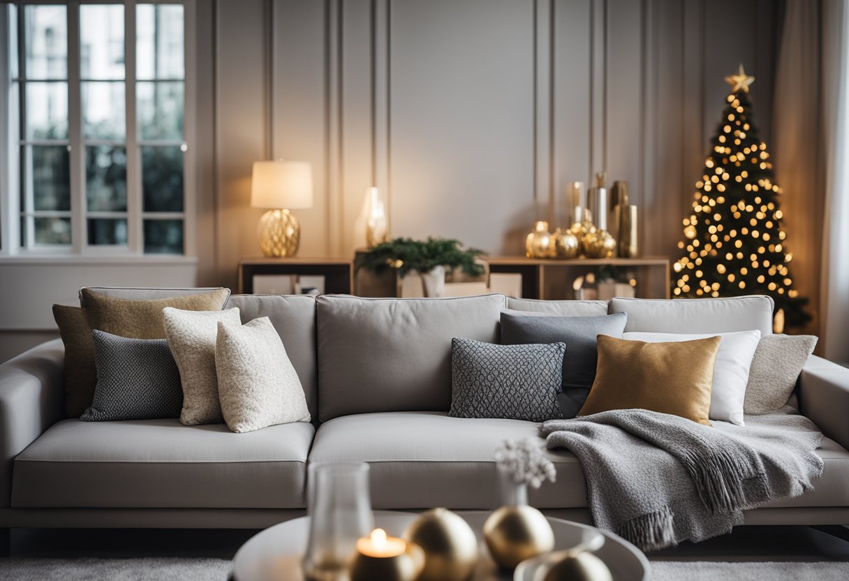 A cozy living room with a festive throw pillows arranged on a modern sofa, surrounded by other New Year home decor items for 2025