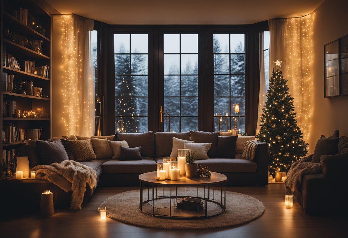 A cozy living room with LED string lights draped over a fireplace, bookshelves, and around the windows, creating a warm and festive atmosphere for New Year's Eve in 2025