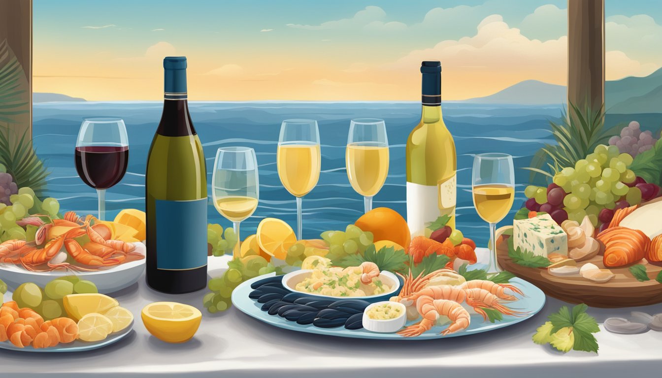 A table set with a variety of seafood, fruits, and cheeses, accompanied by a selection of different wines. The backdrop is a serene coastal setting with waves crashing in the distance