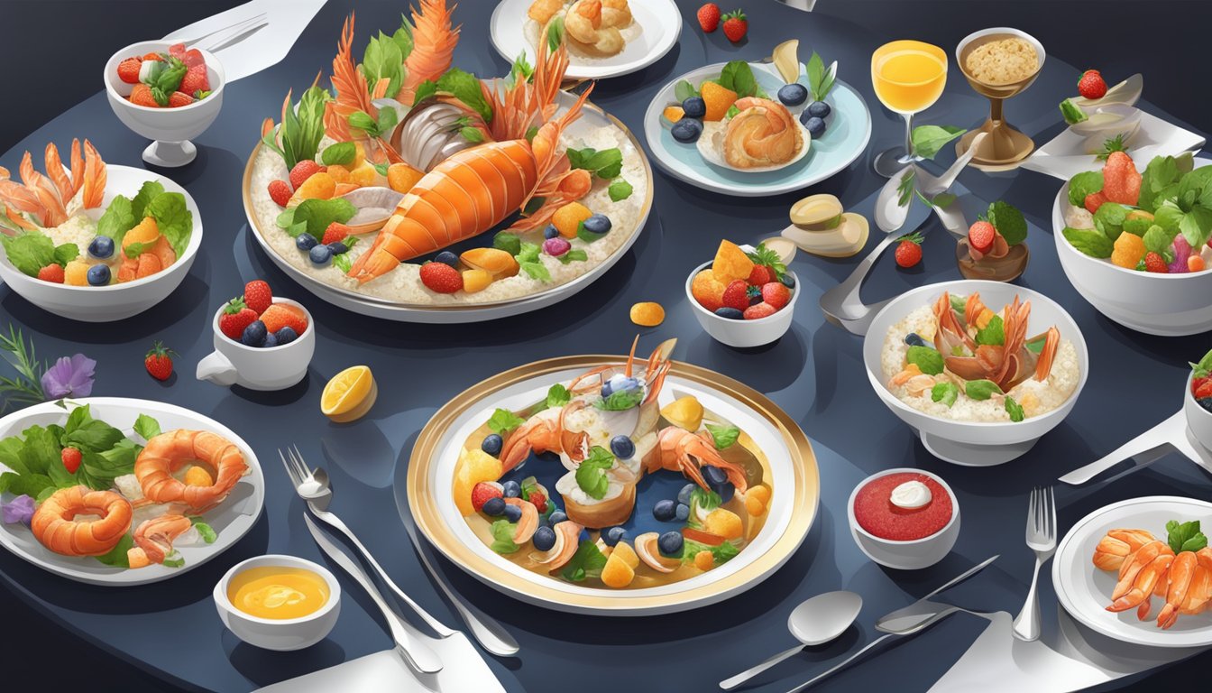 A beautifully plated seafood dish with colorful sides and decadent desserts arranged around it, evoking a high-end restaurant dining experience