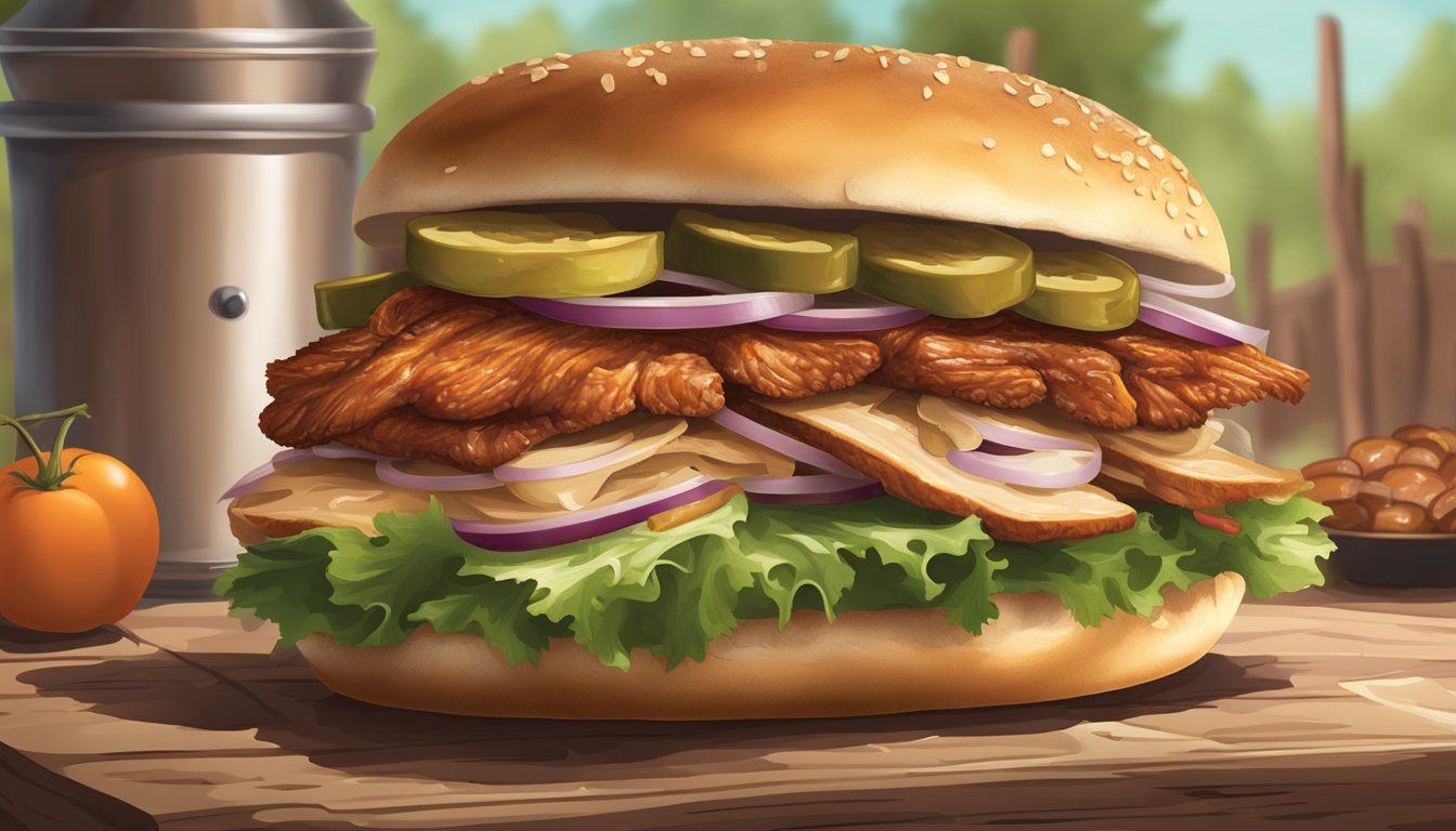 A mouth-watering BBQ turkey sandwich with pickles and onions on a toasted bun, surrounded by a rustic, Texas-style BBQ setting