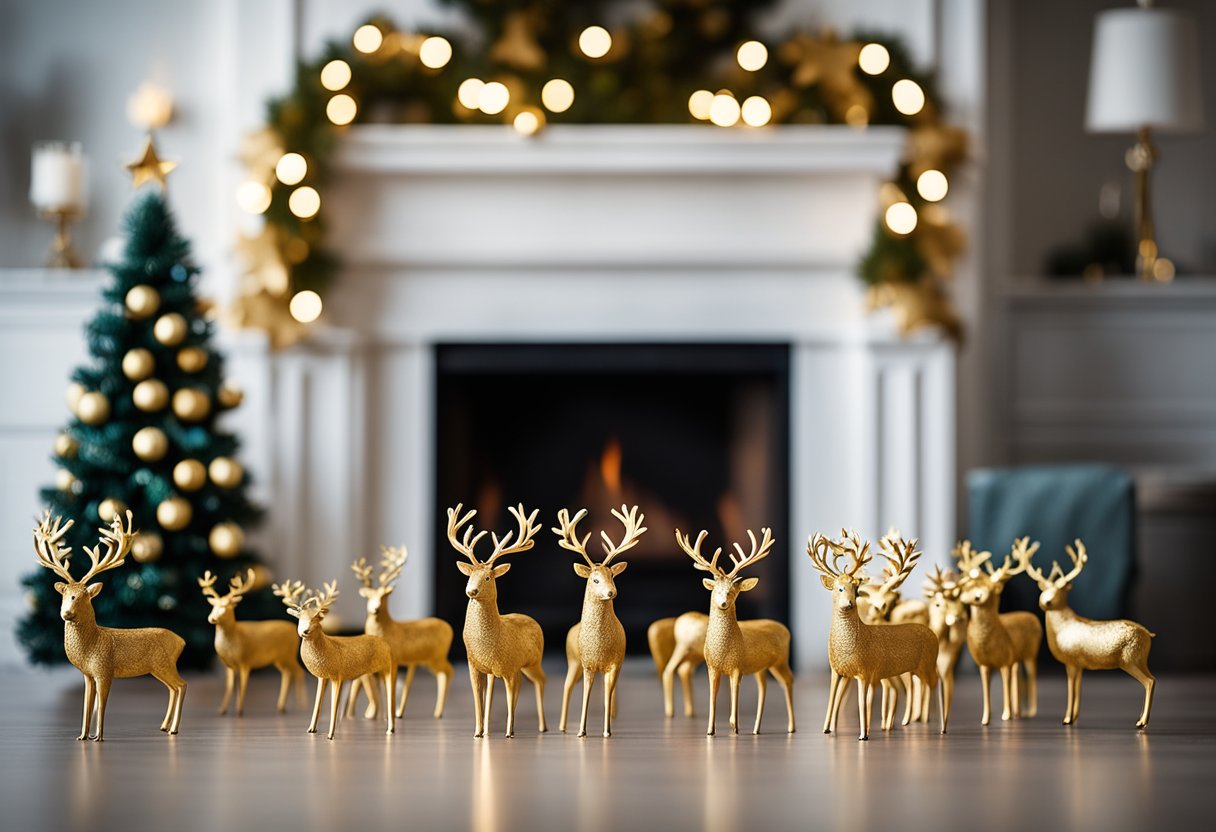 A cozy living room with a fireplace and a festive mantle adorned with 18 miniature gold reindeer figurines, adding a touch of holiday cheer to the home decor for the new year in 2025