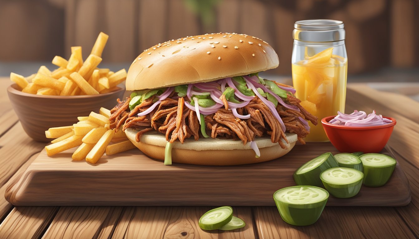 A succulent BBQ pulled pork sandwich on a rustic wooden serving board, surrounded by pickles and coleslaw, with a side of crispy fries