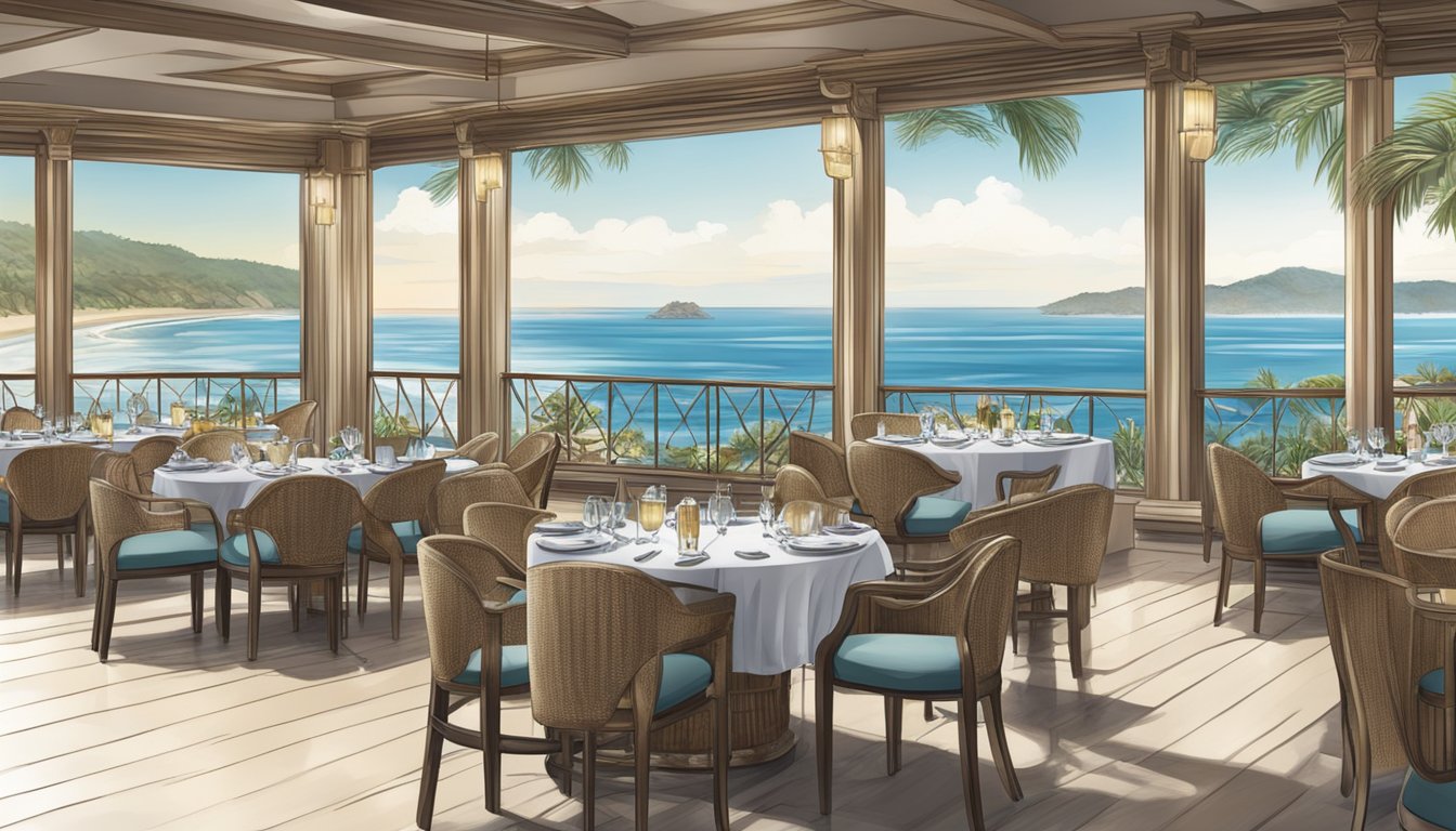 A luxurious coastal restaurant with elegant decor, raw bar display, and panoramic ocean views