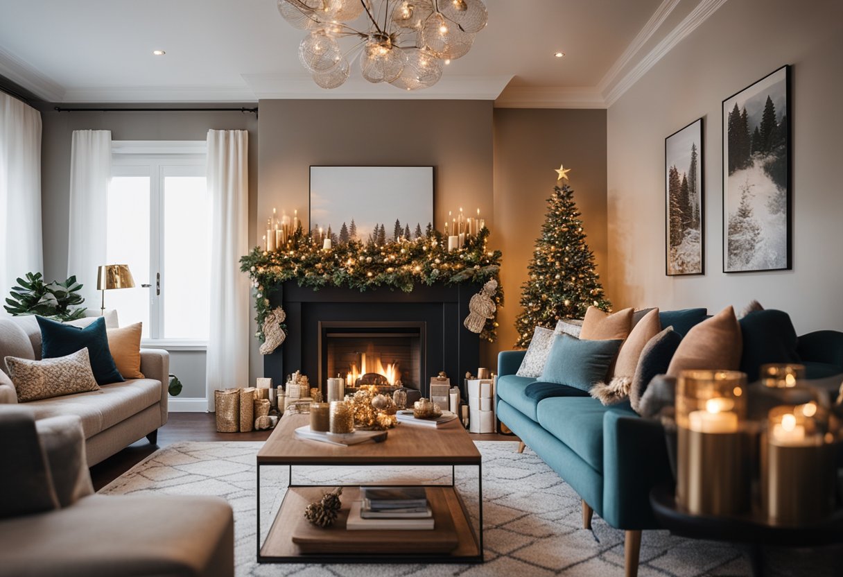 A festive living room with a fireplace, cozy couch, and a large wall adorned with colorful New Year's decorations and artwork