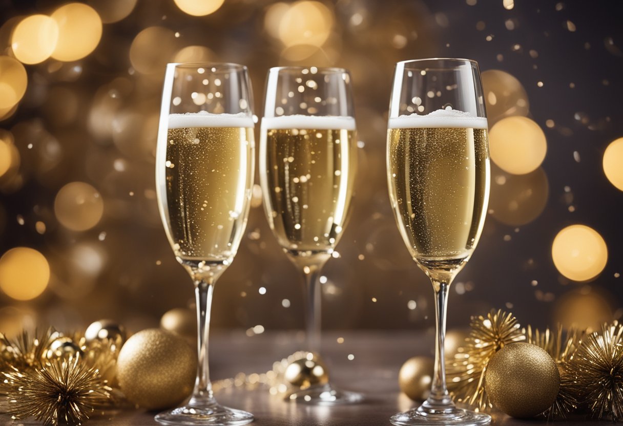 Two elegant champagne flutes overflowing with bubbles, surrounded by festive decorations for a New Year's Eve celebration in 2025