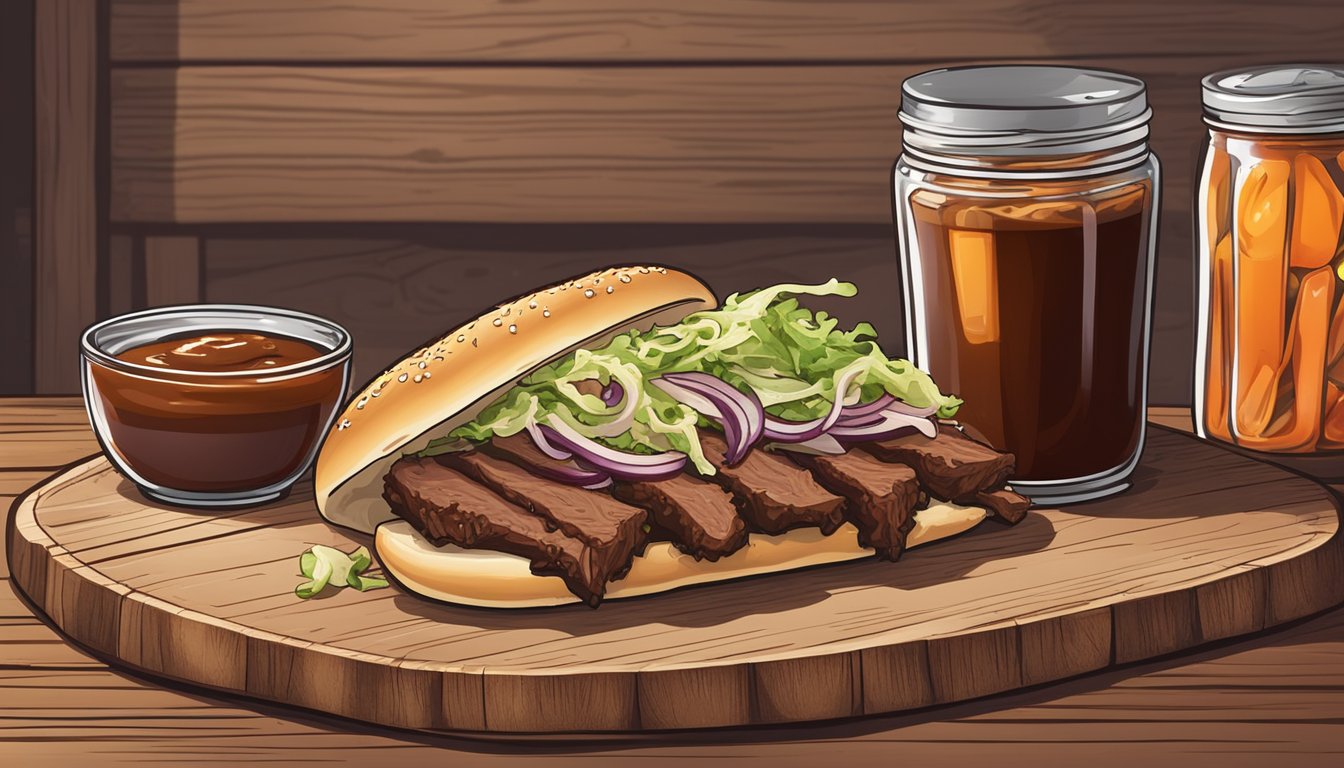 A mouthwatering beef rib sandwich on a rustic wooden cutting board, surrounded by pickles, coleslaw, and a side of barbecue sauce