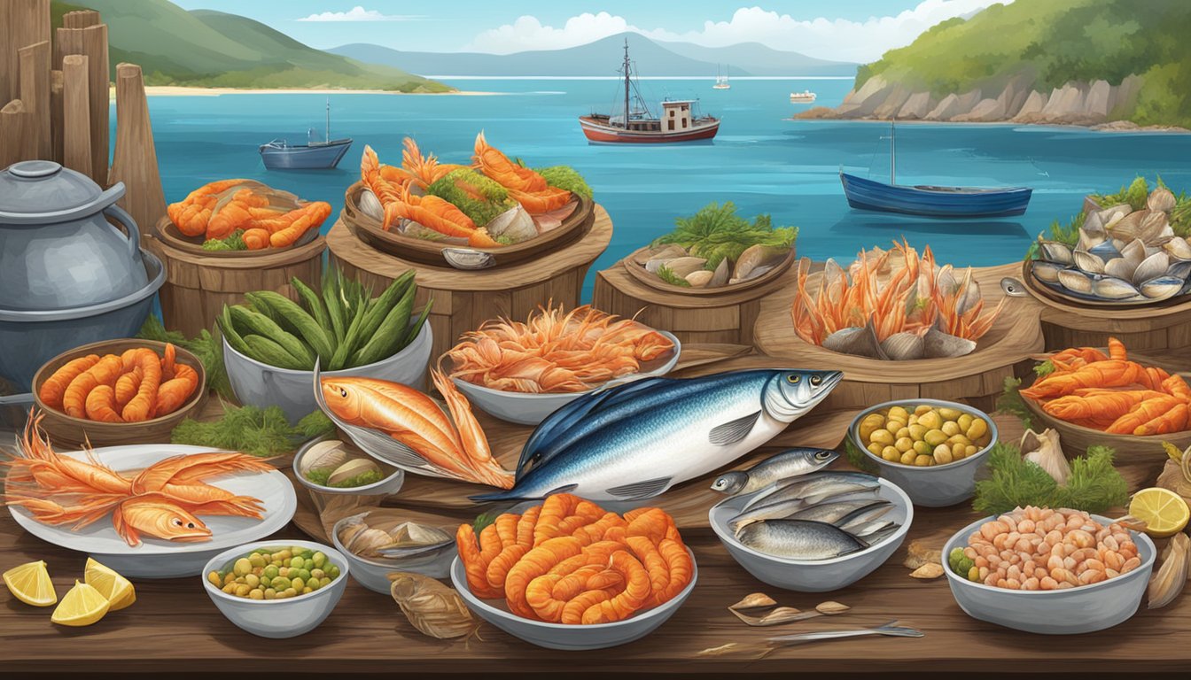 A colorful array of freshly caught fish and shellfish displayed on a rustic wooden table, surrounded by vibrant coastal scenery and sustainable fishing vessels