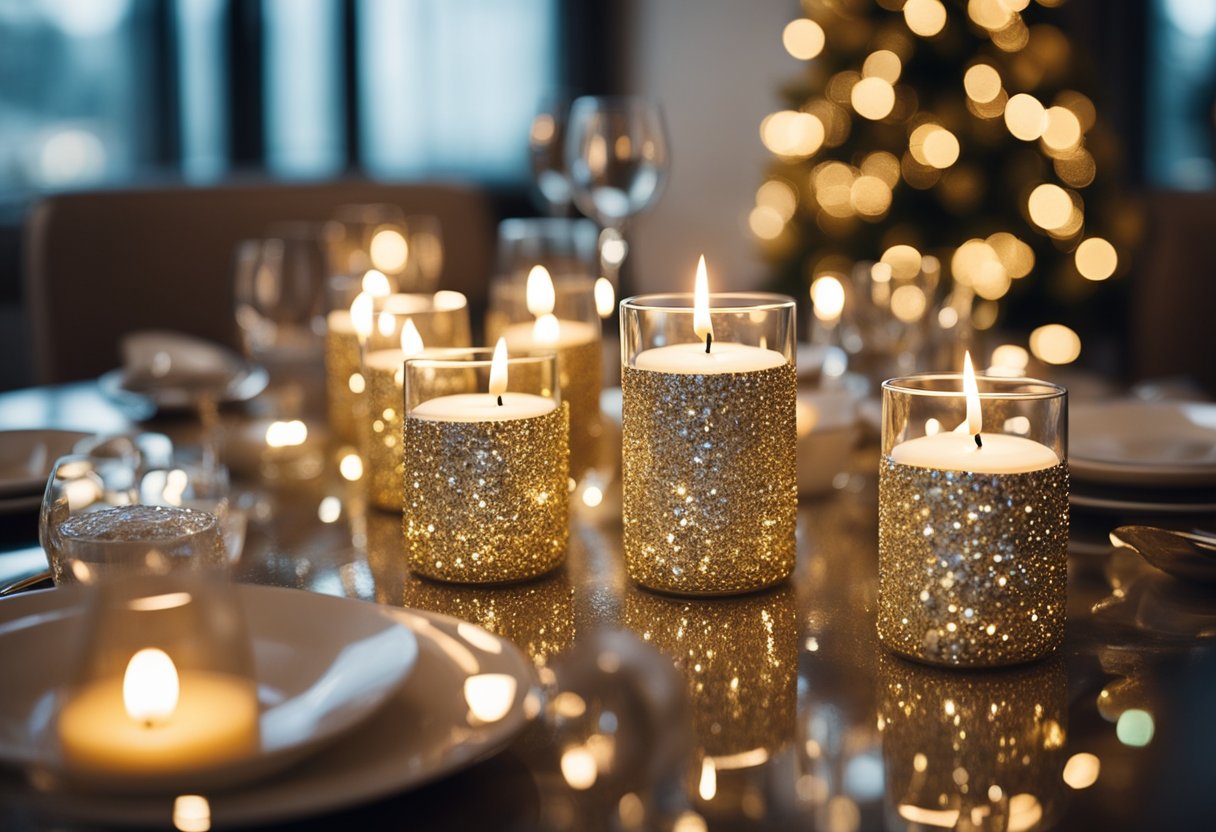 Glittery candle holders arranged on a festive table with other New Year home decor items