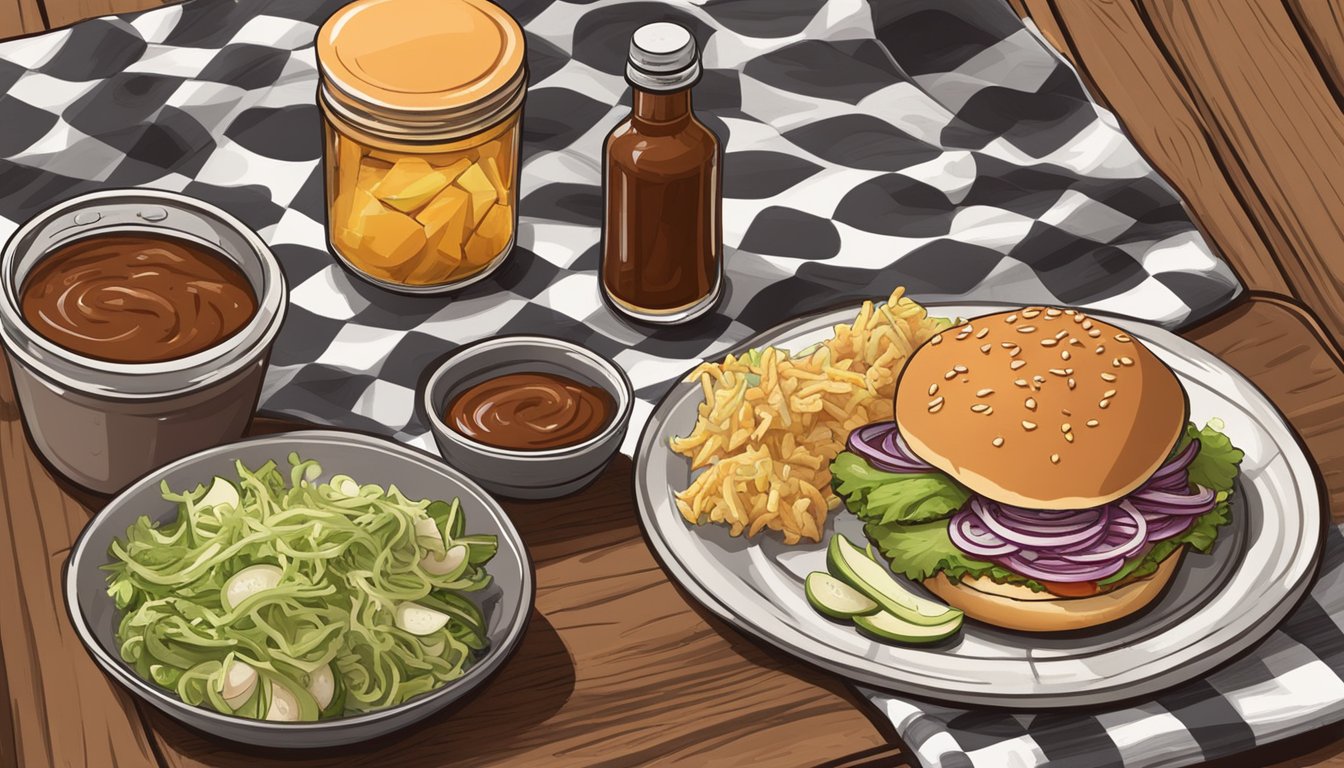 A rustic wooden table with a smoked chicken sandwich, pickles, and onions on a checkered paper, surrounded by a bottle of BBQ sauce and a side of coleslaw