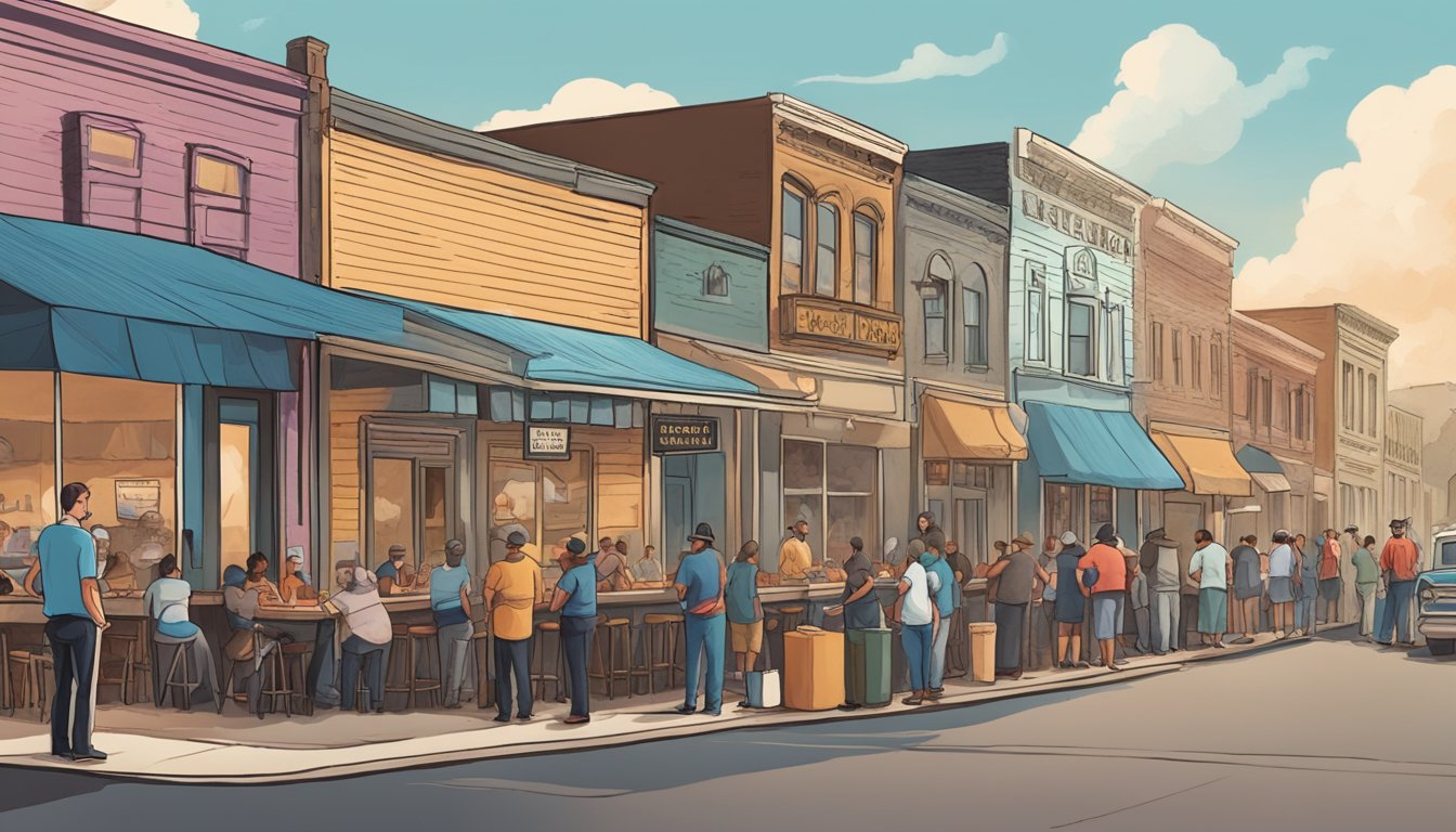 A bustling street in Lockhart, Texas, with smoke billowing from BBQ joints. People line up to try the famous BBQ sandwiches, each joint with its own unique history and flavor