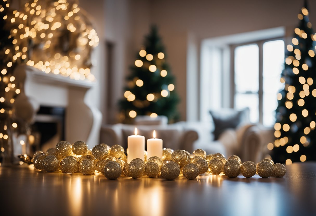 A festive living room with metallic tassel garlands draped across the fireplace and windows, reflecting the theme of 18 new year home decor ideas for 2025