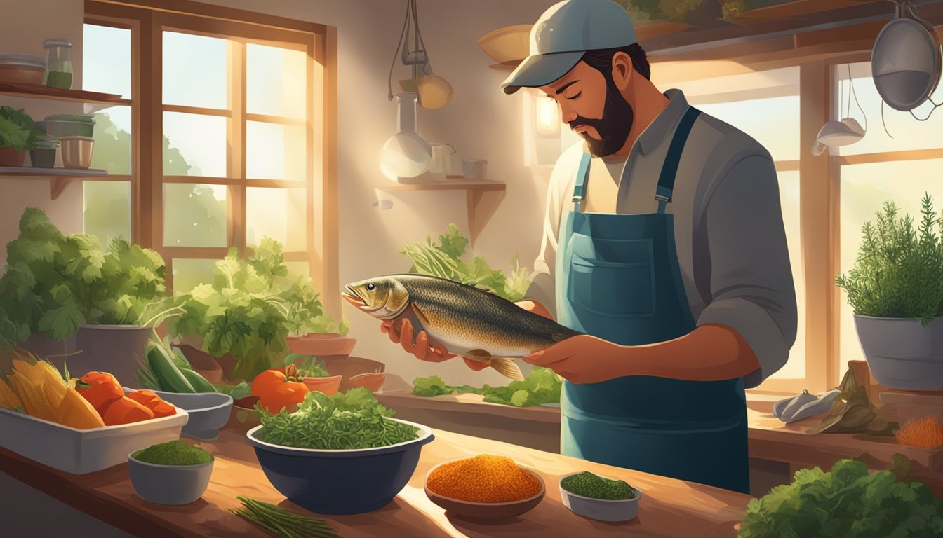 A fisherman holding a freshly caught fish next to a table filled with various herbs, spices, and vegetables. The sunlight filters through a window, casting a warm glow over the ingredients