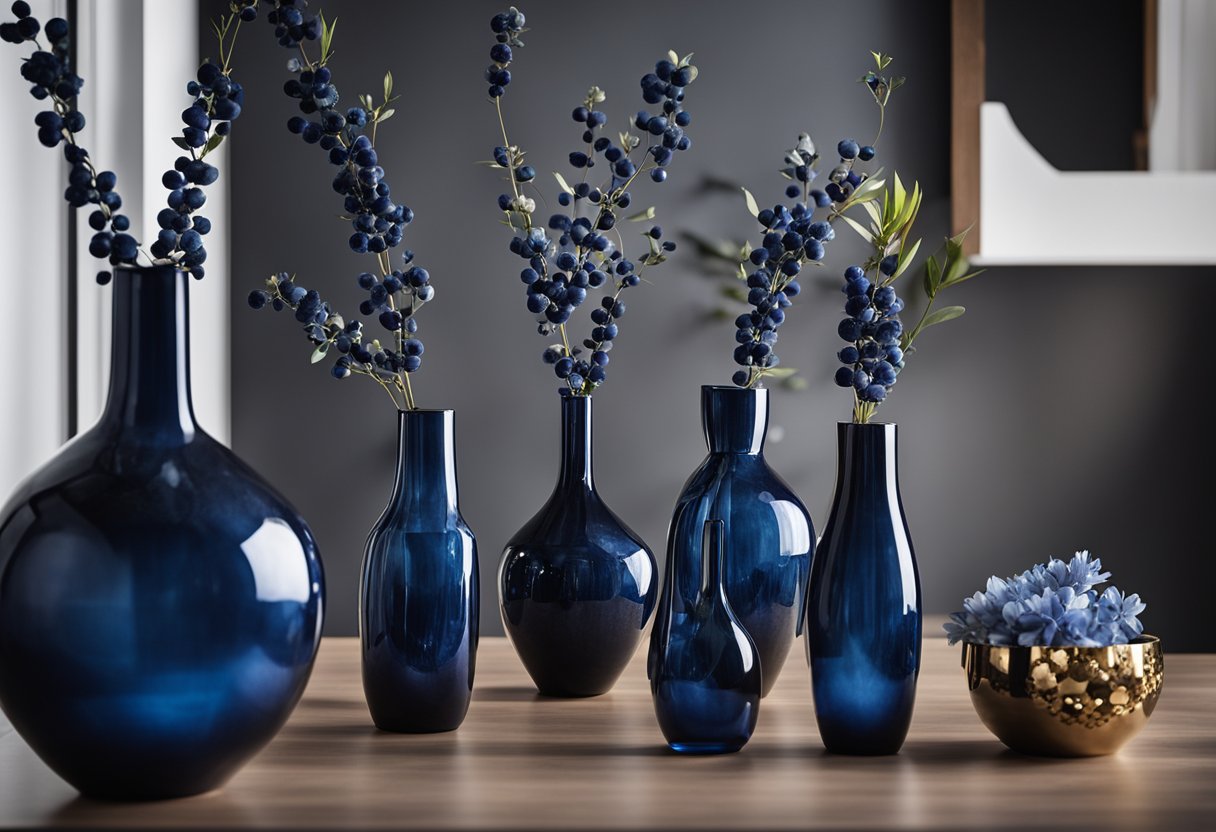 A collection of 18 midnight blue vases arranged in a modern home setting, with various decorative elements for New Year's 2025